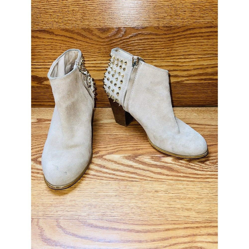 ZARA Woman Ankle Booties Boots Gold Studded 39 US 8 Tan Beige Suede Side Zip